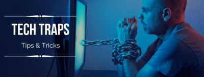 man chained to a computer